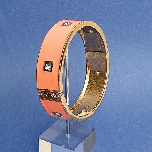 Retro Fluorescent Peach Rhinestone Enamel Cuff Hinge Bangle Bracelet Clamper - Picture 6 of 6